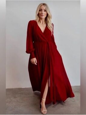 BALTIC BORN Celine Burgundy V-Neck Long Sleeve Maxi Dress Wine Party Wedding XL
